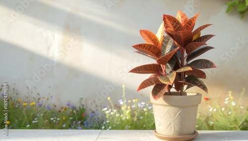 A vibrant potted plant with reddish-orange leaves sits against a light beige wall, bathed in natural sunlight.