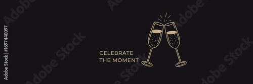 Two champagne glasses on black background festive banner