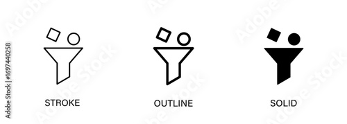 Filter icons for data, clients, ads, documents. Vector stroke, outline and solid icons. EPS 10 format included