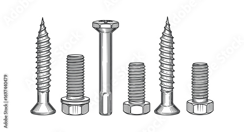 Set of Screws and Bolts, Engineering Elements, Black and White, Vector Illustration