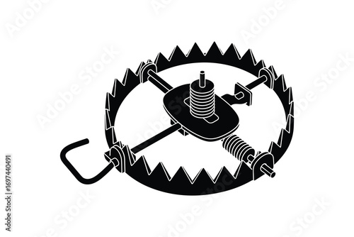 Sharp Black Steel Bear Trap, Spring Mechanism, Hunting Tool, Danger Symbol Vector Illustration