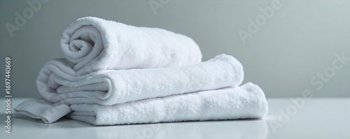 Crisp white shirts and fluffy towels emerge from a laundry system, freshly washed and meticulously folded, radiating a sense of pure cleanliness and freshness , tidy, clean