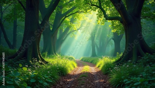 Enchanted woodland path winding through ancient trees, dappled sunlight filtering through leaves, mystical atmosphere, magical realm , fairy, flowers