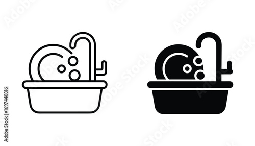 Sink with Dirty Dishes Icon, Line and Solid Style Vector Illustration