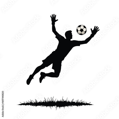 Goalkeeper silhouette leaping to catch a soccer ball Keywords: soccer, football, goalkeeper
