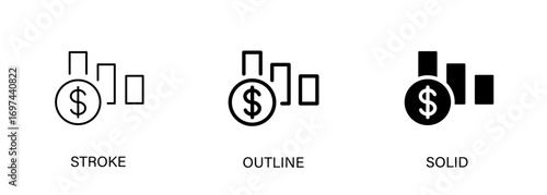 Money icons and bar charts for financial decline, recession, growth. Vector stroke, outline and solid icons. EPS 10 format included