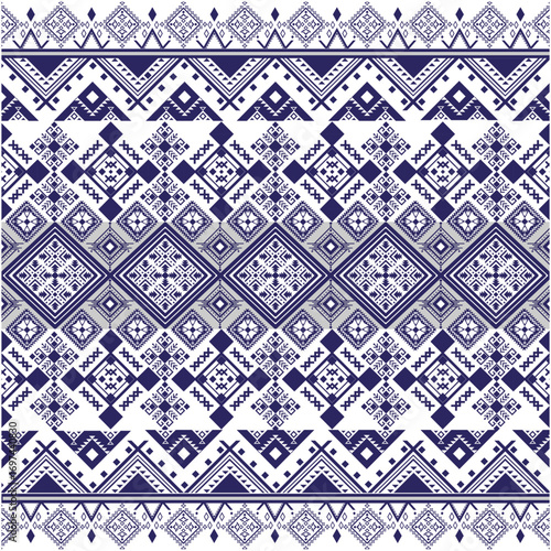 seamless geometric pattern with geometric elements, Seamless indigo tribal Thai textile ethnic woven geometric border pattern with cultural design