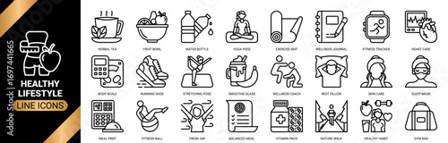 Healthy lifestyle icon set collection in outline style. an icon pack containing icons of fitness tracker, wellness journal, yoga pose and more.
