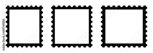  postage stamps set. Post stamp frames and borders. Ellipse, rectangle, square template for mail, postcard, letter, note. Jagged wavy edge. Light Postage Stamps collection. Blank Postage Stamp .