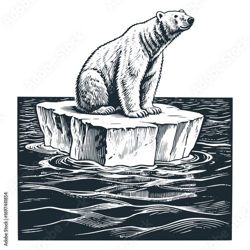 A polar bear sits pensively on a piece of ice floating in the ocean. – Black and White Icon Vector and Illustration