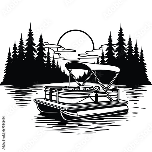 Pontoon boat on lake with sun and pine trees Keywords: pontoon boat, water, lake, river, boat