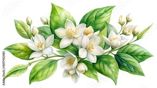 Watercolor Jasmine Flowers With Green Leaves