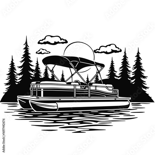 Pontoon boat on lake with trees and sun Keywords: pontoon boat, water, lake, river, ocean, sea