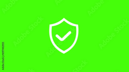 Glitch security shield with check mark icon, animation 4K video on green background	
