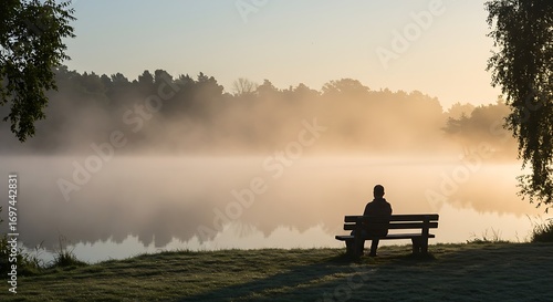 Person sitting on bench misty morning