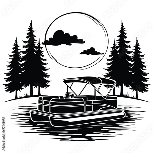 Pontoon boat on water with circle sun and trees Keywords: pontoon boat, water, lake, river, boat