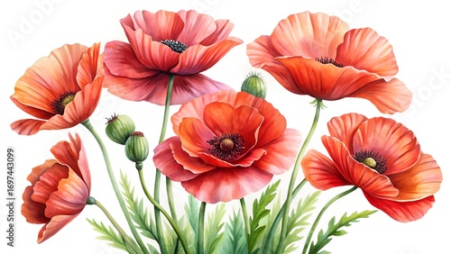 Watercolor Poppy Flowers With Vivid Red Petals