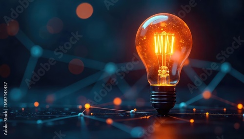 A close-up shot of a glowing lightbulb illuminating a complex network of interconnected nodes, symbolizing the crucial role of information in modern systems ,  innovation,  complex