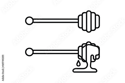 Two Honey Dippers, One with Honey Drip, Outline Style, Vector Illustration