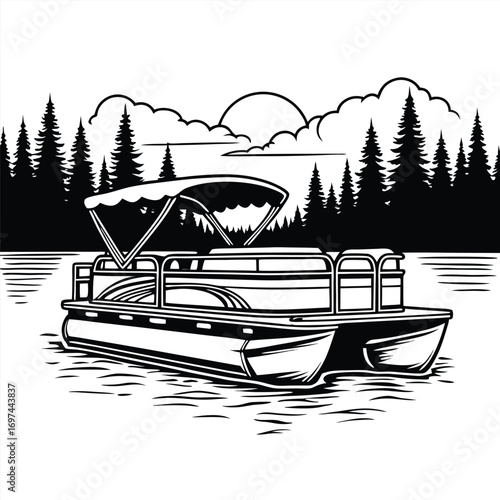 Pontoon boat on water with pine trees and sun Keywords: pontoon boat, water, lake, river, boat