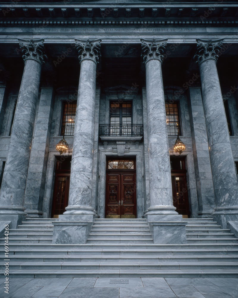 Fototapeta premium National New Hampshire Day Marble State House Front Facade with Columns in Summer Patriotic Style for Professional Governance Marketing Campaigns