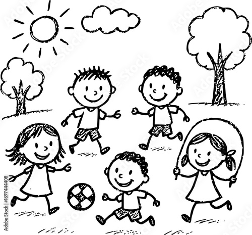 Black and white crayon-style vector of children playing in park, playful doodle and naive art style