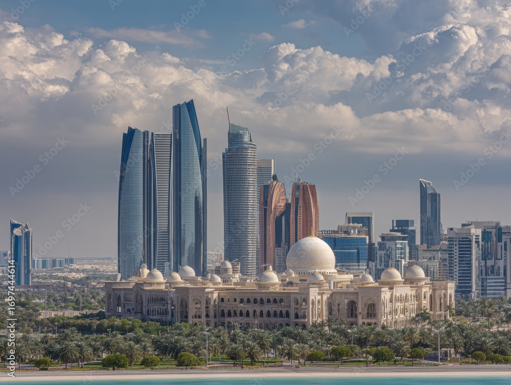 Naklejka premium Modern Abu Dhabi Skyline with Iconic Middle East Architecture Premium Authentic Urban Cityscape for Professional Marketing and Lifestyle Content