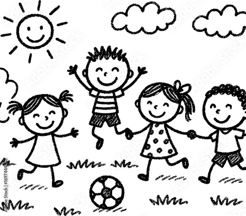 Black and white crayon-style vector of children playing in park, playful doodle and naive art style