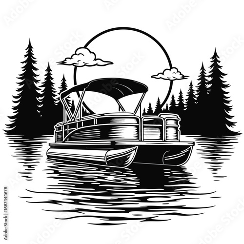 Pontoon Boat on Water with Trees and Circle Silhouette Keywords: pontoon boat, water, lake