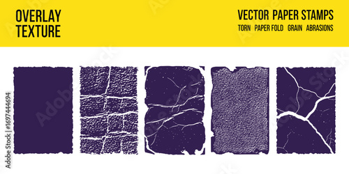 Vector Paper Stamps Overlay Texture Set, Torn, Grain, Abrasion, Dark Purple Rectangle Shapes Illustration
