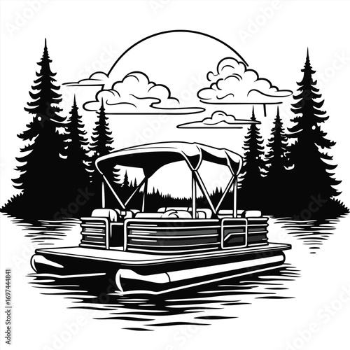 Pontoon boat on water with trees and clouds Keywords: pontoon boat, watercraft, lake, river