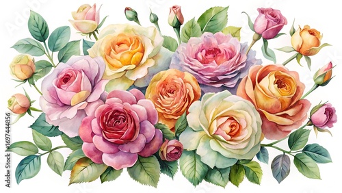 Hand Painted Watercolor Garden Roses In Mixed Colors