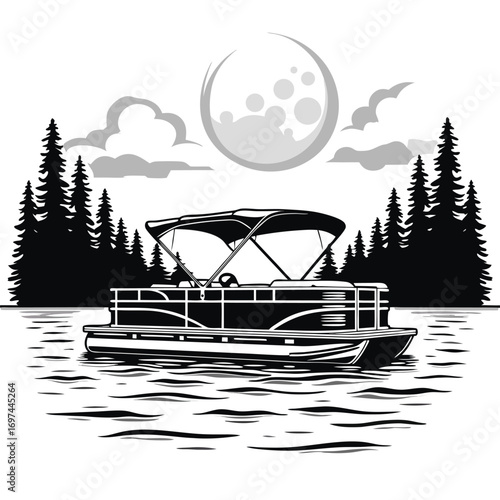Pontoon boat on water with trees and moon Keywords: pontoon boat, water, lake, river, ocean, sea