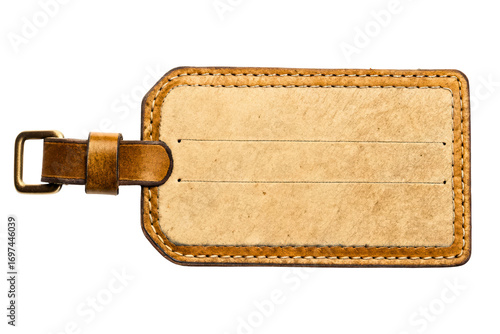 Blank brown leather luggage tag with a strap and buckle isolated with transparent background