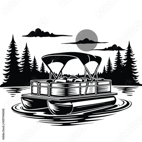 Pontoon boat on water with trees and sun in silhouette