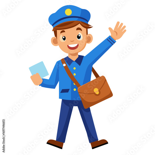 A cheerful mailman in a blue uniform waving with a letter, symbolizing postal service