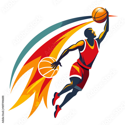 Dynamic basketball player soaring through the air for a slam dunk