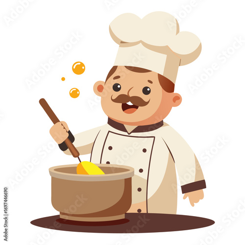 A cheerful chef stirring a pot with a spoon, symbolizing cooking and culinary arts