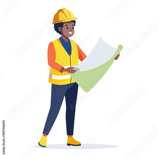 A construction worker wearing a safety vest and hard hat reviews blueprints