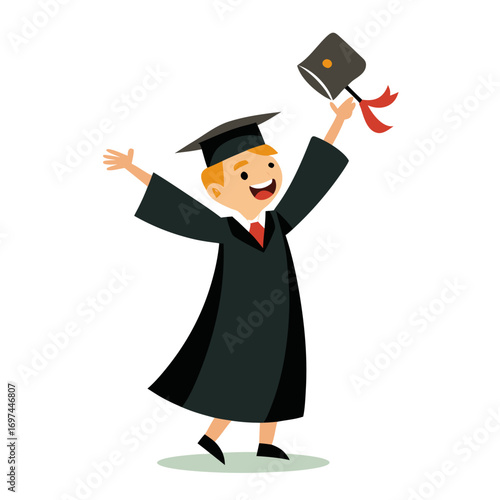 A graduate is celebrating his graduation day, holding his diploma and wearing a cap and gown