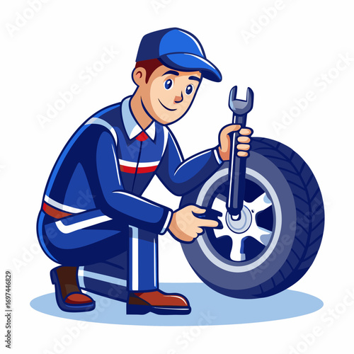 Illustration of a mechanic fixing a tire with a wrench