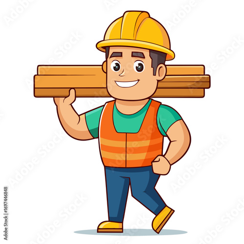 Cartoon construction worker carrying wooden planks, smiling and ready to work hard