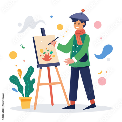An artist painting a canvas on an easel, wearing a beret and scarf