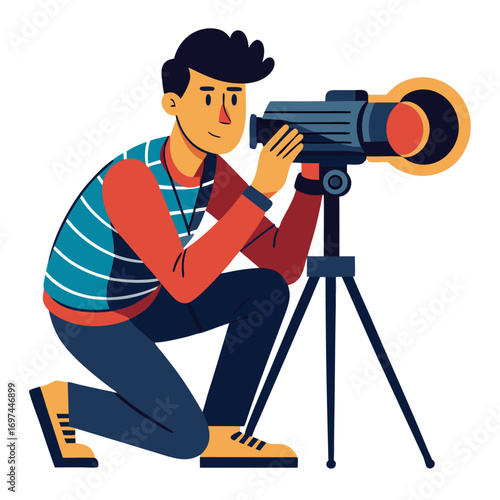 A photographer with a camera on a tripod, , taking a picture in a studio