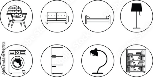 Modern home furniture and appliances icons, including chair, sofa, bed, lamps, washing machine, refrigerator, bookshelf, minimalist line art design