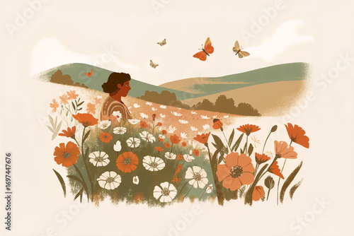 Woman enjoys the beauty of a colorful flower field, surrounded by butterflies and rolling hills under a clear sky. Generative AI.