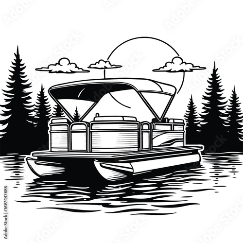 Pontoon boat on water with trees and sun Keywords: pontoon boat, water, lake, river, ocean, sea