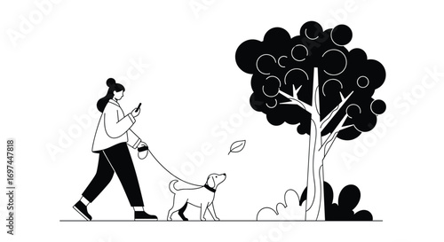 A woman and her dog enjoying a stroll through the park on a beautiful autumn day