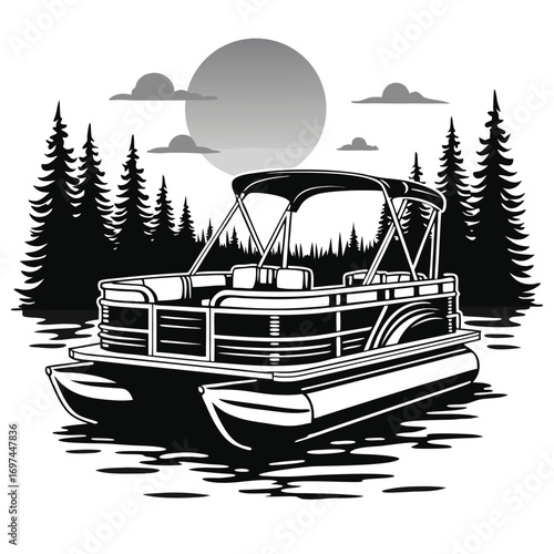 Pontoon boat on water with trees and sun lake river