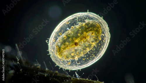 Close-up microscopic view of a vibrant, translucent single-celled organism with intricate internal structures and a captivating yellowish-green hue against a dark backdrop.